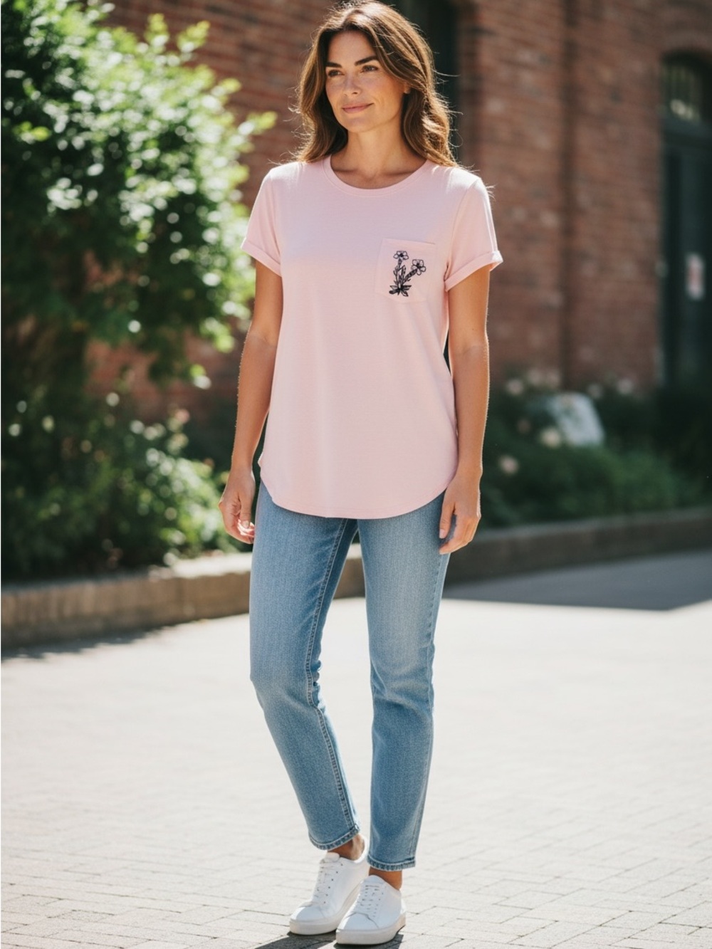 Love Peace and Lazy Days Relaxed Pink Short-Sleeve Pocket Tee Embroidered NWT